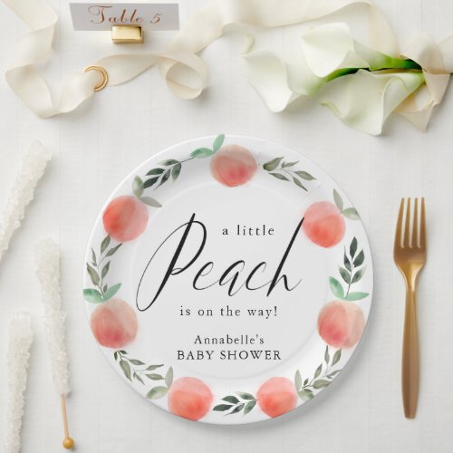 Little Peach Watercolor Wreath Baby Shower Paper Plates