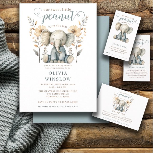 Little Peanut Baby Elephant Blue Baby Shower Invitation (Creator Uploaded)