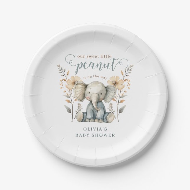 Little Peanut Baby Elephant Blue Baby Shower Paper Plates (Front)