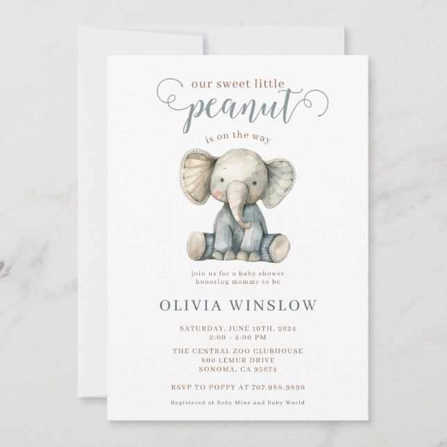 Little Peanut Blue Baby Elephant Baby Shower Invitation (Front)