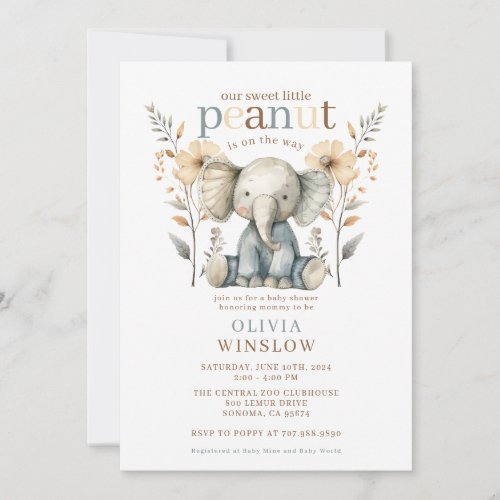 Little Peanut Blue Baby Elephant Baby Shower Invitation