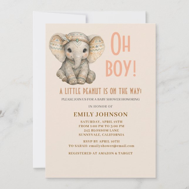 Little Peanut Boho Safari Elephant Boy Baby Shower Invitation (Front)