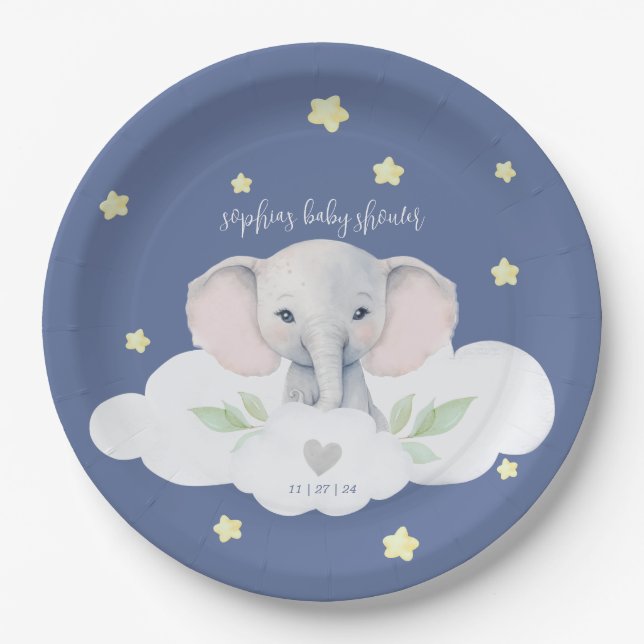 Little Peanut Boy Baby Shower Blue Elephant Paper Plates (Front)