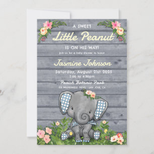 Little Peanut Boy Elephant Floral Rustic Wooden Invitation