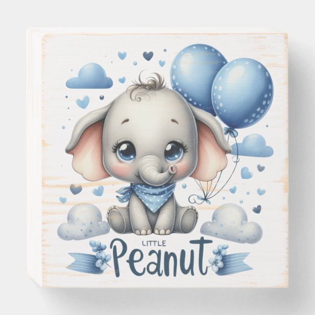 "Little Peanut" Cute Baby Elephant Wooden Box Sign (Front Horizontal)
