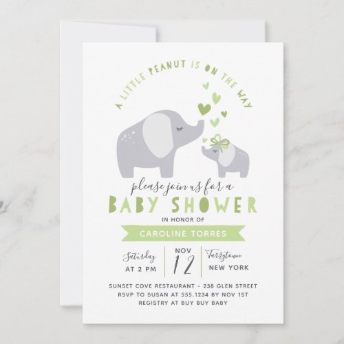 Little Peanut Elephant  Baby Shower  Green Invitation