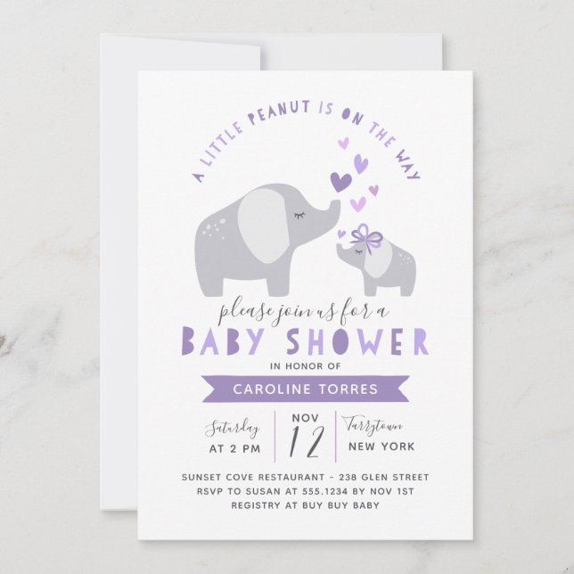 Little Peanut Elephant | Baby Shower | Purple Invitation (Front)