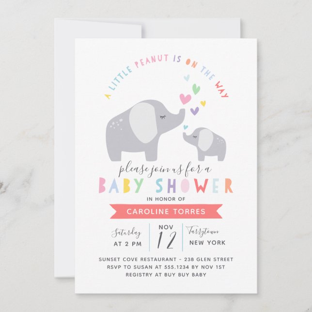 Little Peanut Elephant | Baby Shower | Rainbow Invitation (Front)