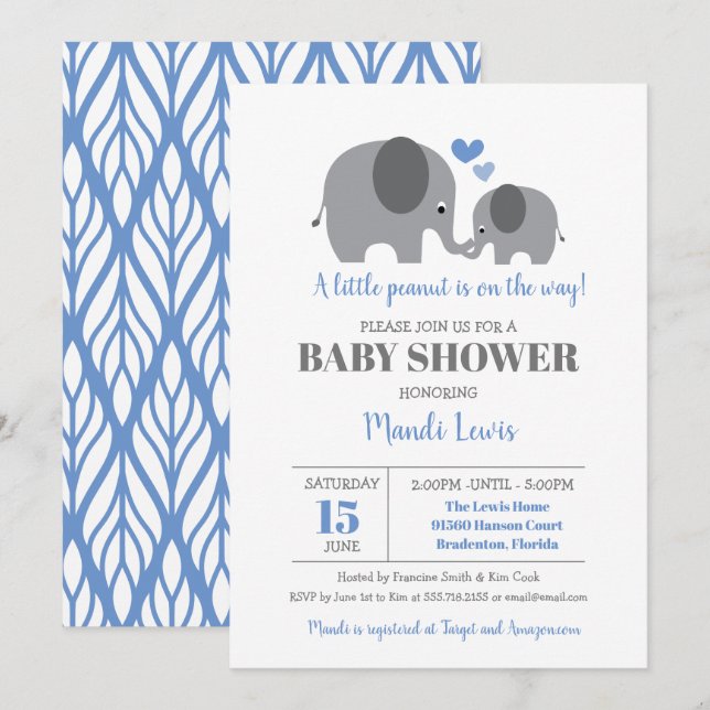 Little Peanut Elephant Blue Boy Baby Shower Invitation (Front/Back)