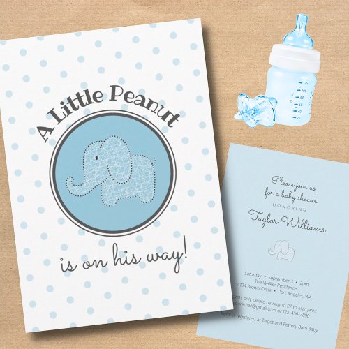 Little Peanut Elephant Blue Simple Baby Boy Shower Invitation