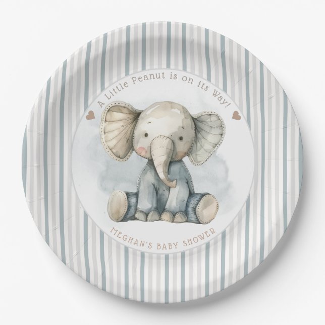 Little Peanut Elephant Blue Striped Baby Shower Paper Plates (Front)
