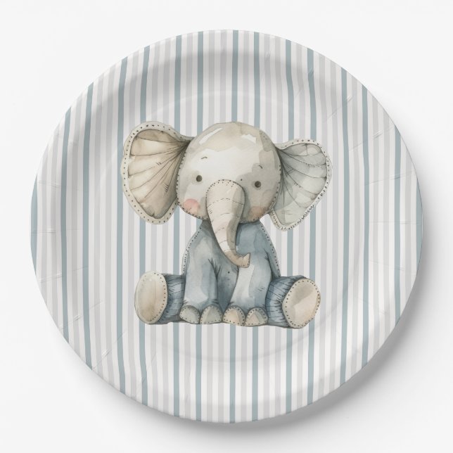 Little Peanut Elephant Blue Striped Baby Shower Paper Plates (Front)