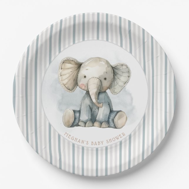 Little Peanut Elephant Blue Striped Baby Shower Paper Plates (Front)