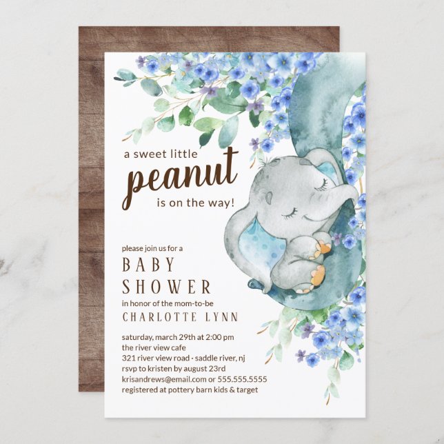 Little Peanut Elephant Boys Baby Shower Invitation (Front/Back)