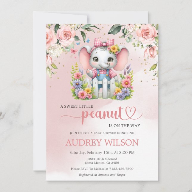 Little Peanut Elephant Pink Floral Invitation (Front)