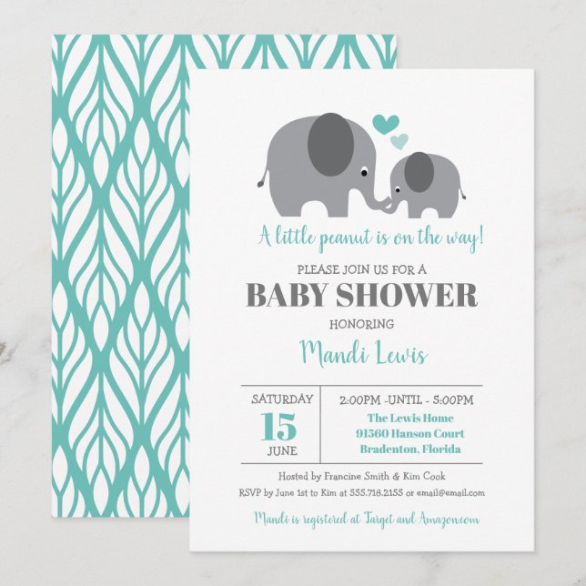 Little Peanut Elephant Teal Baby Shower Invitation (Front/Back)