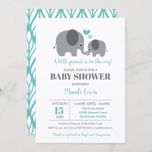 Little Peanut Elephant Teal Baby Shower Invitation (Front/Back)