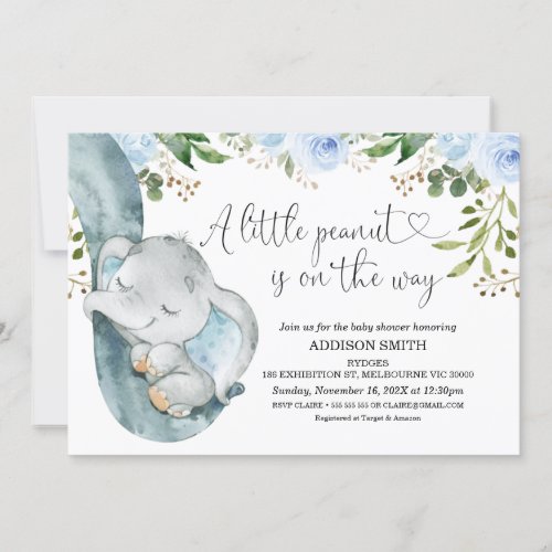 Little Peanut Elephant Trunk Baby Shower Invitation - Little Peanut Elephant Trunk Baby Shower Invitation

Sweet boy's baby shower invitation featuring an elephant trunk, baby elephant and text with heart shape.  The design also features some foliage and blue roses.