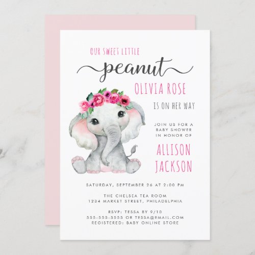 Little Peanut Elephant Watercolor Baby Girl Shower Invitation