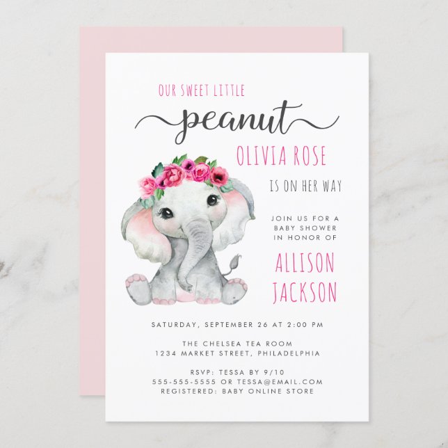 Little Peanut Elephant Watercolor Baby Girl Shower Invitation (Front/Back)