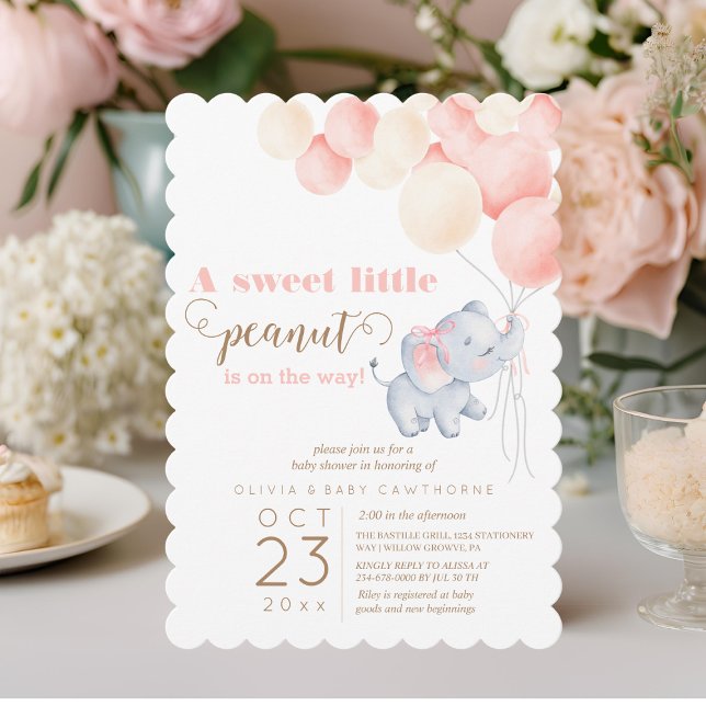 Little Peanut Elephant Watercolor Baby Girl Shower Invitation (Creator Uploaded)