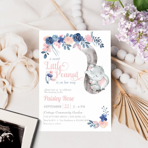 Little Peanut Floral Baby Elephant Shower Invitation