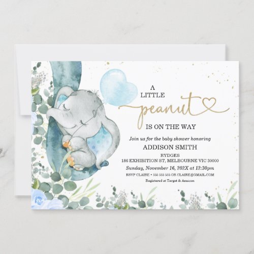 Little Peanut Floral Foliage Elephant Baby Shower Invitation - Little Peanut Floral Foliage Elephant Baby Shower Invitation

Sweet boy's baby shower invitation featuring an elephant trunk, baby elephant and heart shaped balloon.  The design also features some foliage and a hint of a blue flowers.