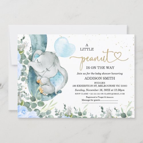 Little Peanut Floral Foliage Elephant Baby Shower  Invitation