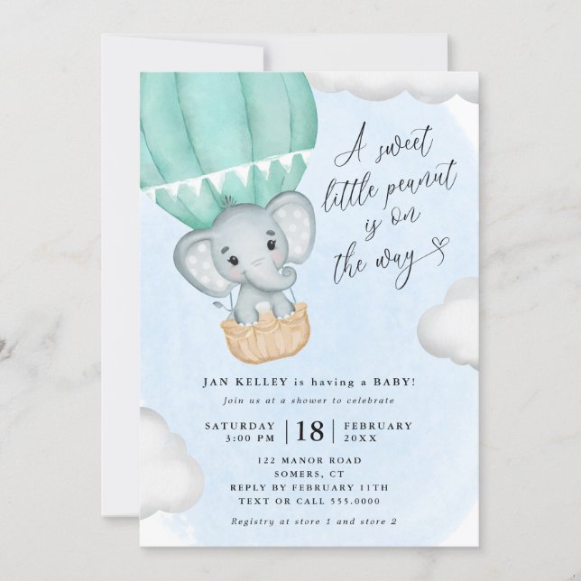 Little Peanut Green Elephant Baby Shower Invitation (Front)