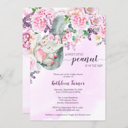 Little Peanut Sleeping Elephant Floral Baby Shower Invitation