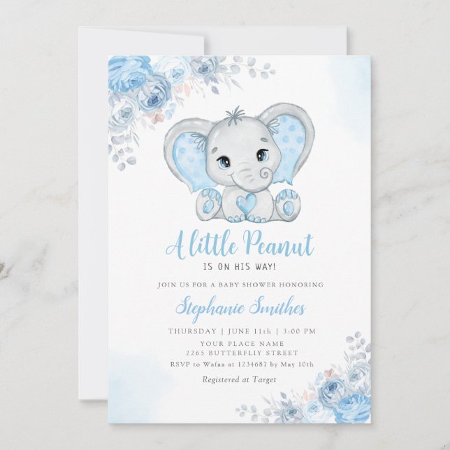 Little Peanut Watercolor Boy Elephant Baby Shower  Invitation (Front)