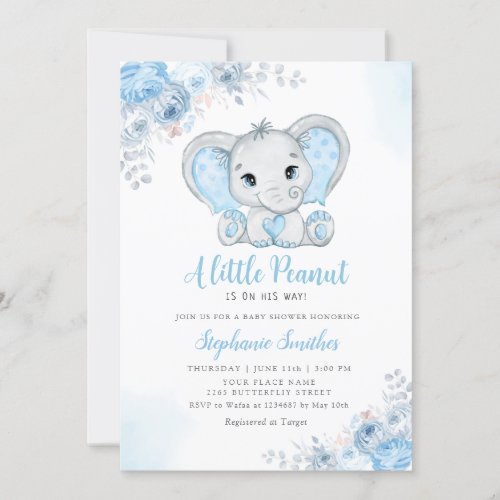 Little Peanut Watercolor Boy Elephant Baby Shower  Invitation