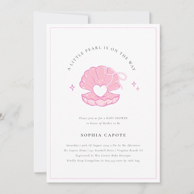 Little Pearl Baby Girl Pink Baby Shower  Invitatio Invitation (Front)