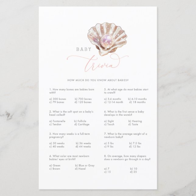 Little Pearl Baby Trivia Baby Shower Game Card (Front)