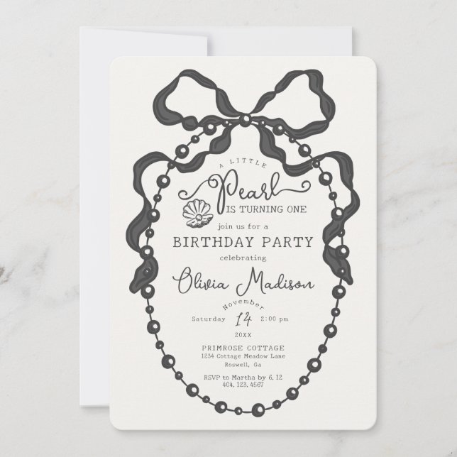 Little Pearl Black Coquette Bow Birthday Invite (Front)