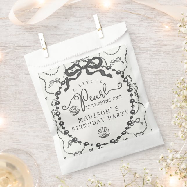 Little Pearl Black Coquette Bow Birthday Party Favor Bag (Clipped)