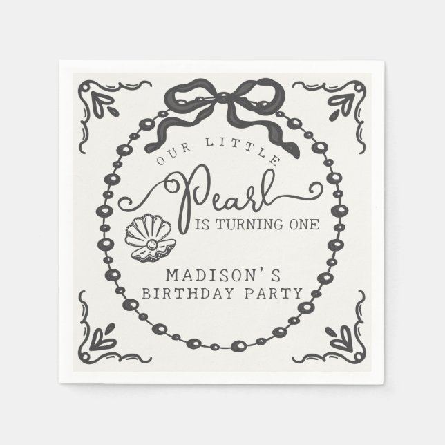 Little Pearl Black Coquette Bow Birthday Party Napkins (Front)
