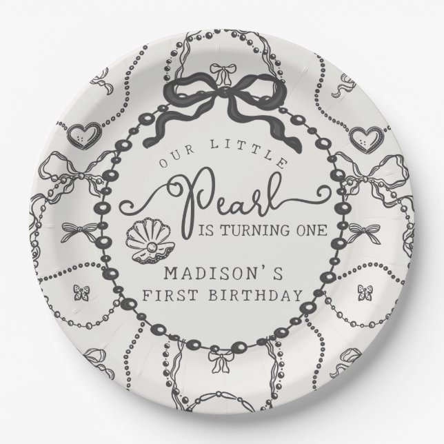 Little Pearl Black Coquette Bow Birthday Plate (Front)