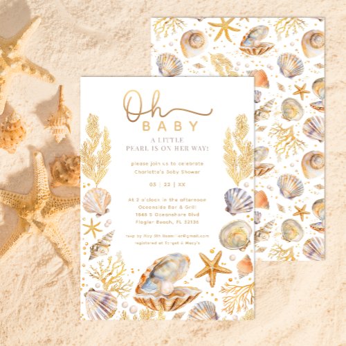 Little Pearl Golden Summer Ocean Baby Shower Invitation