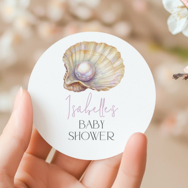 Little Pearl Ocean Oyster Beach Baby Shower  Classic Round Sticker (Creator Uploaded)