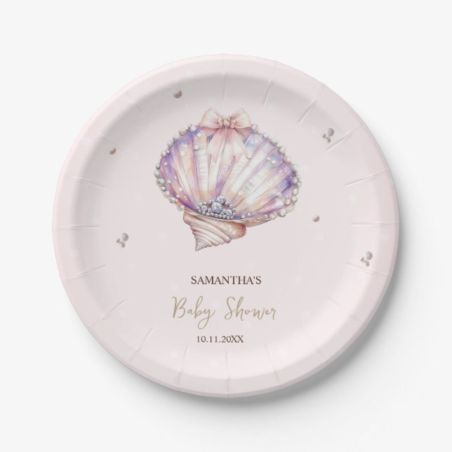 Little Pearl Seashells Diamonds Dots Baby Shower Paper Plates (Front)