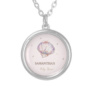 Little Pearl Seashells Diamonds Dots Baby Shower Silver Plated Necklace