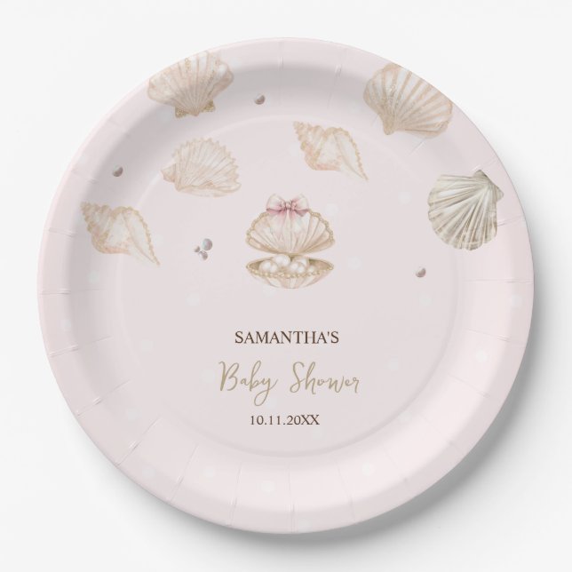 Little Pearl Seashells Dots Baby Shower Paper Plates (Front)