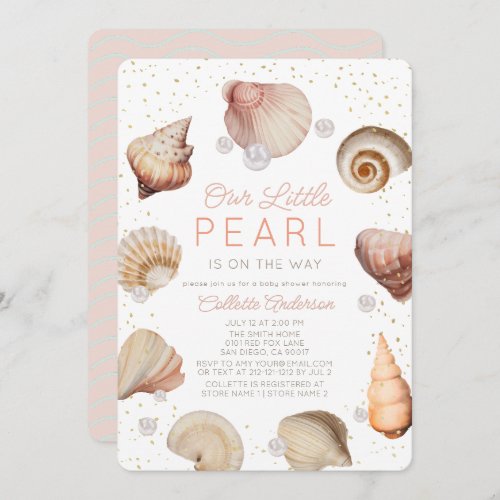Little Pearl Seashells Pink Girl Baby Shower Invitation