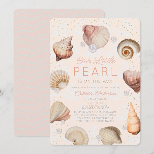 Little Pearl Seashells Pink Girl Baby Shower Invitation (Front/Back)