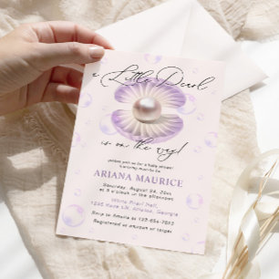 Little Pearl Watercolor Purple Shell Baby Shower Invitation