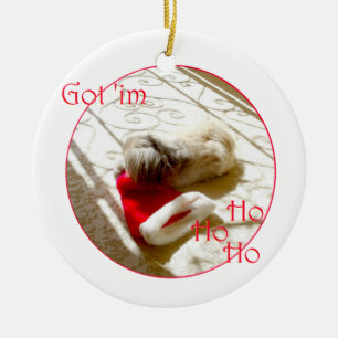 Little Pekingese Grabs Santa Ceramic Ornament