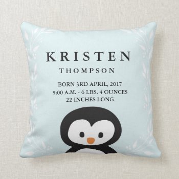 Little Penguin Baby Birth Announcement Pillow by OS_Designs at Zazzle