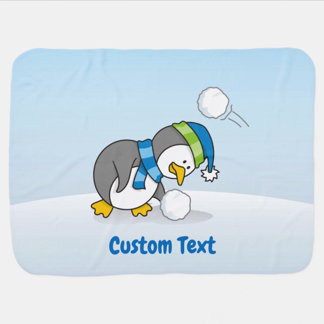 Little Penguin Getting a Snow Ball Baby Blanket (Horizontal)