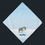 Little penguin getting a snow ball bandana<br><div class="desc">A little penguin cartoon bending to get a snow ball avoiding another one. Custom text.</div>